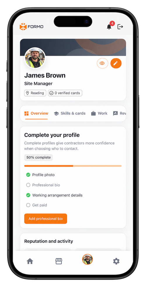 Formo on a phone, showing a subcontractor profile, skills and profile completion